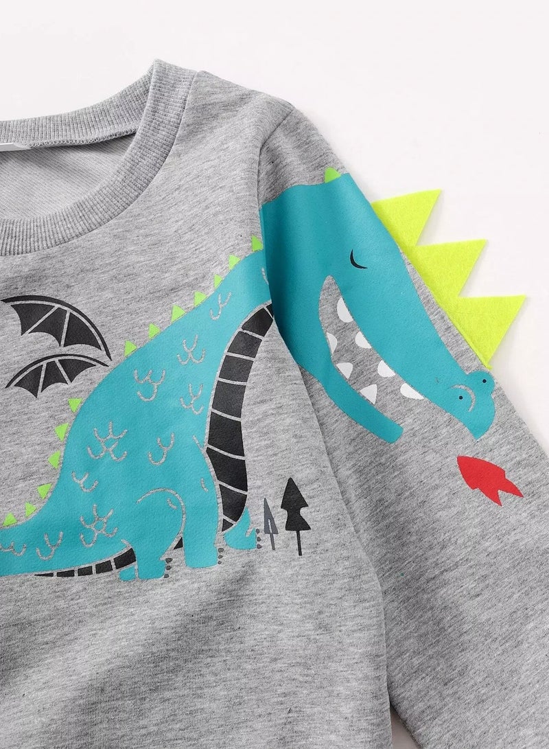 Toddler Boys Cartoon Dinosaur Print 3D Design Patched Pullover  - Image 5
