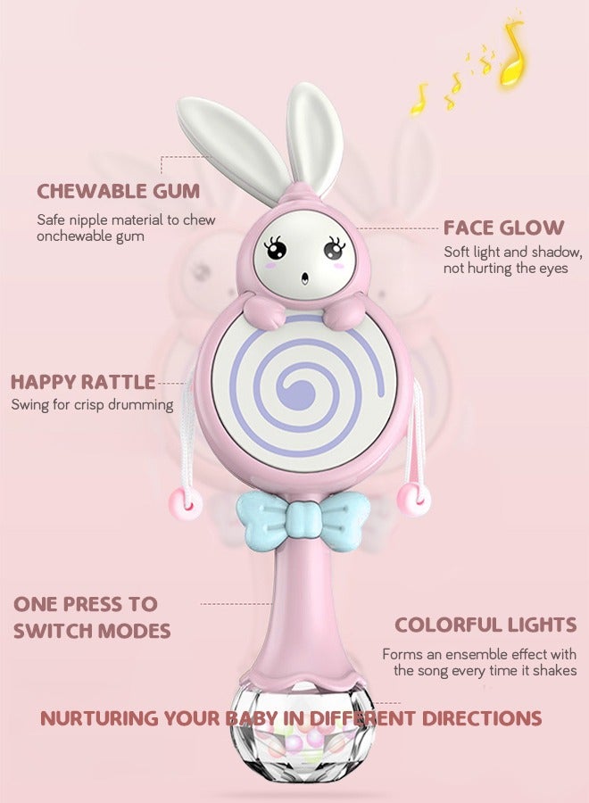 جرويك طبلة خشخشة للأطفال على شكل أرنب، ألعاب خشخيشة ناعمة للأسنان، لعبة موسيقية طبلة خشخيشة يدوية، ألعاب تعليمية وتعليمية مع ضوء موسيقى للرضع - وردي - Image 3