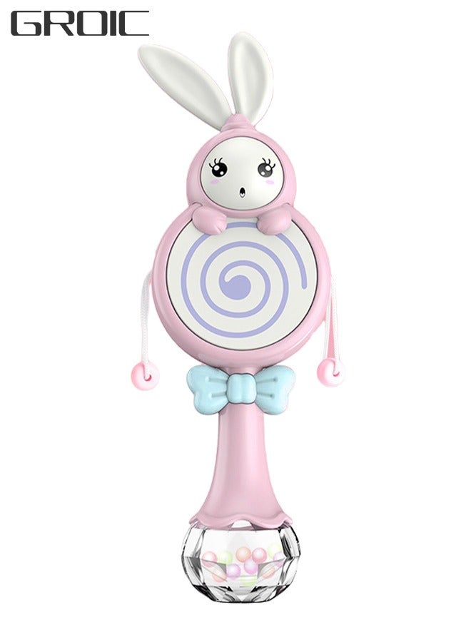 جرويك طبلة خشخشة للأطفال على شكل أرنب، ألعاب خشخيشة ناعمة للأسنان، لعبة موسيقية طبلة خشخيشة يدوية، ألعاب تعليمية وتعليمية مع ضوء موسيقى للرضع - وردي - Image 1