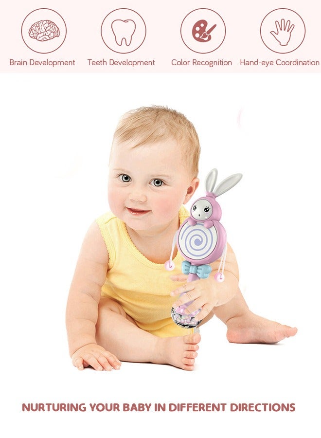 جرويك طبلة خشخشة للأطفال على شكل أرنب، ألعاب خشخيشة ناعمة للأسنان، لعبة موسيقية طبلة خشخيشة يدوية، ألعاب تعليمية وتعليمية مع ضوء موسيقى للرضع - وردي - Image 2