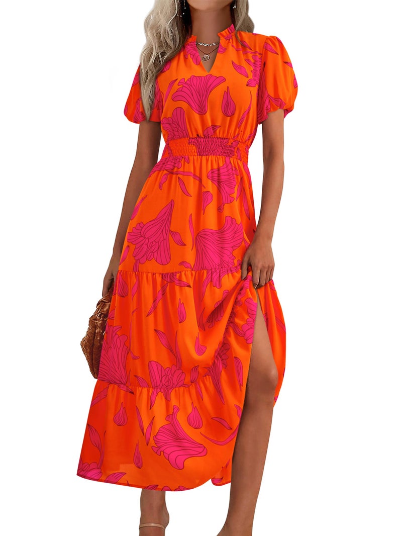 MASCOMODA Summer Maxi Dresses for Women 2025 Casual V Neck Puff Short Sleeve Smocked Flowy Beach Boho Long Floral Dress(Orange Rose Red Flower,Medium) - Image 1