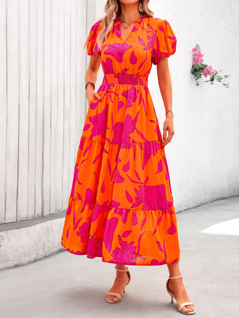 MASCOMODA Summer Maxi Dresses for Women 2025 Casual V Neck Puff Short Sleeve Smocked Flowy Beach Boho Long Floral Dress(Orange Rose Red Flower,Medium) - Image 2