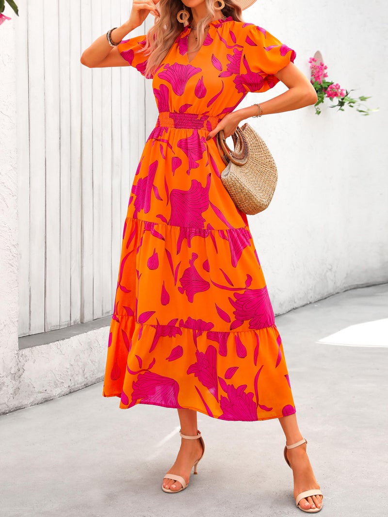 MASCOMODA Summer Maxi Dresses for Women 2025 Casual V Neck Puff Short Sleeve Smocked Flowy Beach Boho Long Floral Dress(Orange Rose Red Flower,Medium) - Image 3