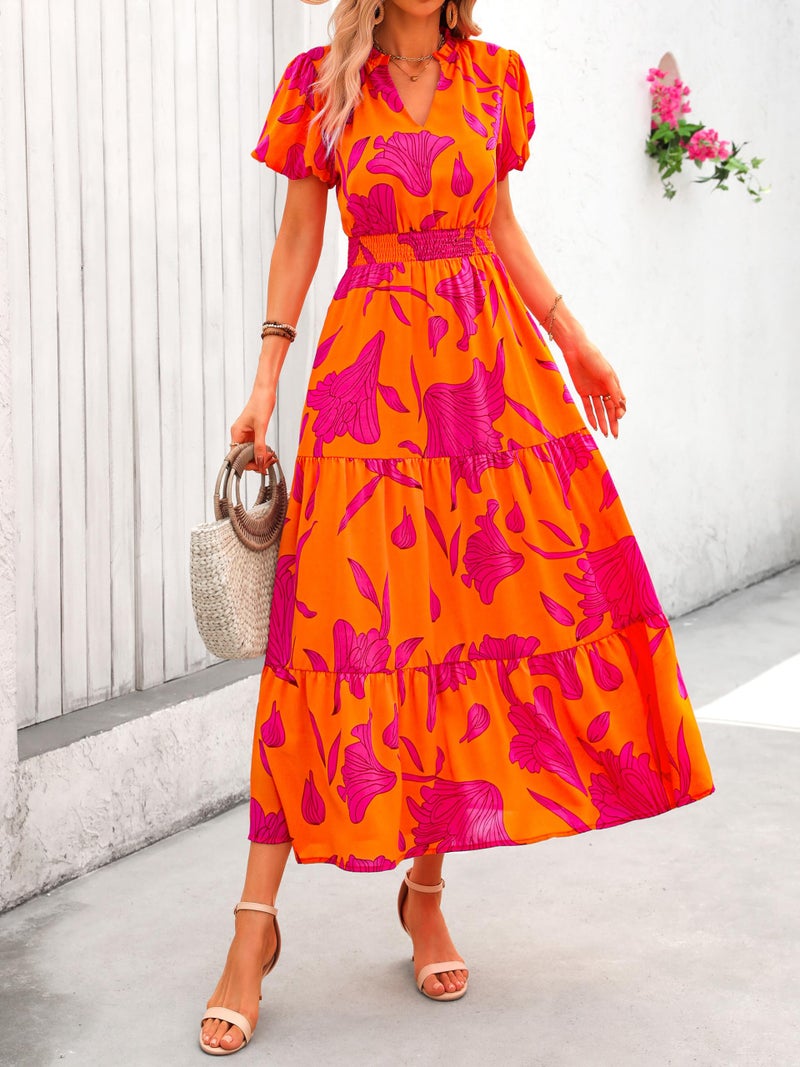 MASCOMODA Summer Maxi Dresses for Women 2025 Casual V Neck Puff Short Sleeve Smocked Flowy Beach Boho Long Floral Dress(Orange Rose Red Flower,Medium) - Image 4
