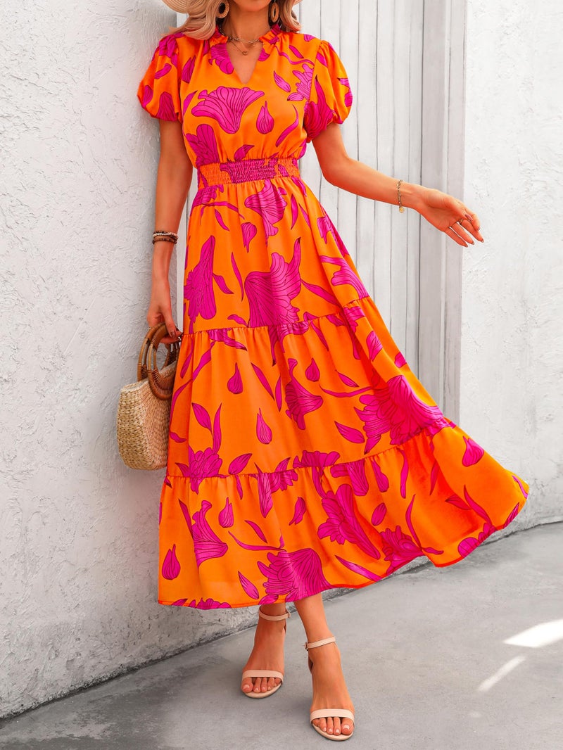 MASCOMODA Summer Maxi Dresses for Women 2025 Casual V Neck Puff Short Sleeve Smocked Flowy Beach Boho Long Floral Dress(Orange Rose Red Flower,Medium) - Image 5