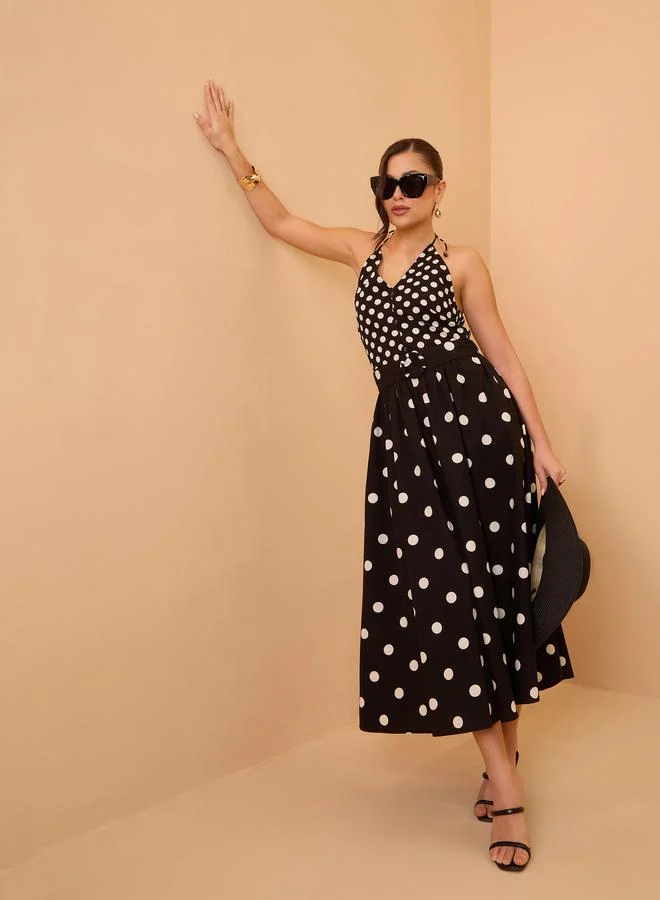 SASSAFRAS Black Polka Dot Halter Neck Midi Dress