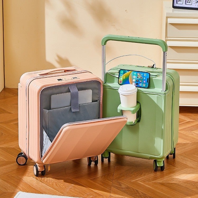 18-Inch Carry-on Suitcase with Front Pocket, USB Port, Cup Holder and Spinner Wheels - Image 1