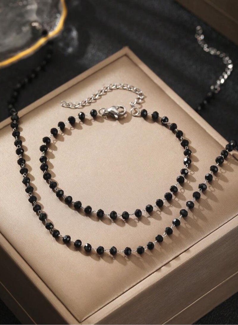 إيكوال طقم اكسسوارات نسائي أنيق وعالي الجودة مصنوع من الخرز الأسود والاستانلس ستيل - Image 1