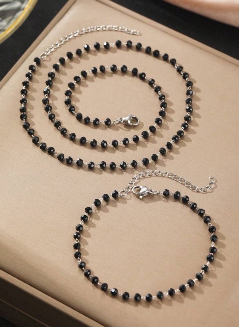 إيكوال طقم اكسسوارات نسائي أنيق وعالي الجودة مصنوع من الخرز الأسود والاستانلس ستيل - Image 3