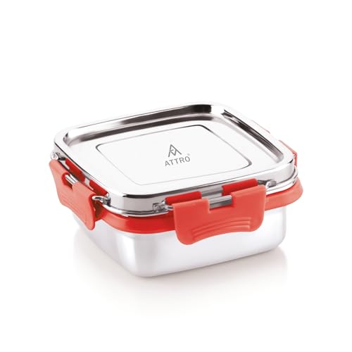ATTRO Shine Stainless Steel Lunch Box – Square Leak-Proof Spill-Proof Microwave Safe Ideal for Kids School Office Travel – 400ml Red - Image 1