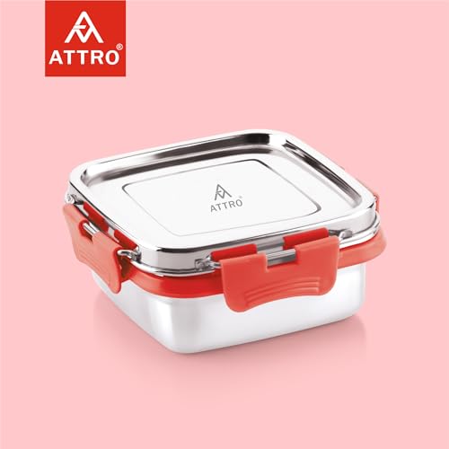 ATTRO Shine Stainless Steel Lunch Box – Square Leak-Proof Spill-Proof Microwave Safe Ideal for Kids School Office Travel – 400ml Red - Image 3