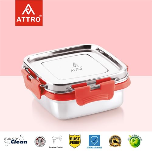 ATTRO Shine Stainless Steel Lunch Box – Square Leak-Proof Spill-Proof Microwave Safe Ideal for Kids School Office Travel – 400ml Red - Image 4