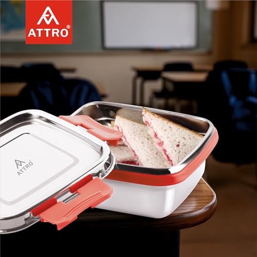 ATTRO Shine Stainless Steel Lunch Box – Square Leak-Proof Spill-Proof Microwave Safe Ideal for Kids School Office Travel – 400ml Red - Image 2