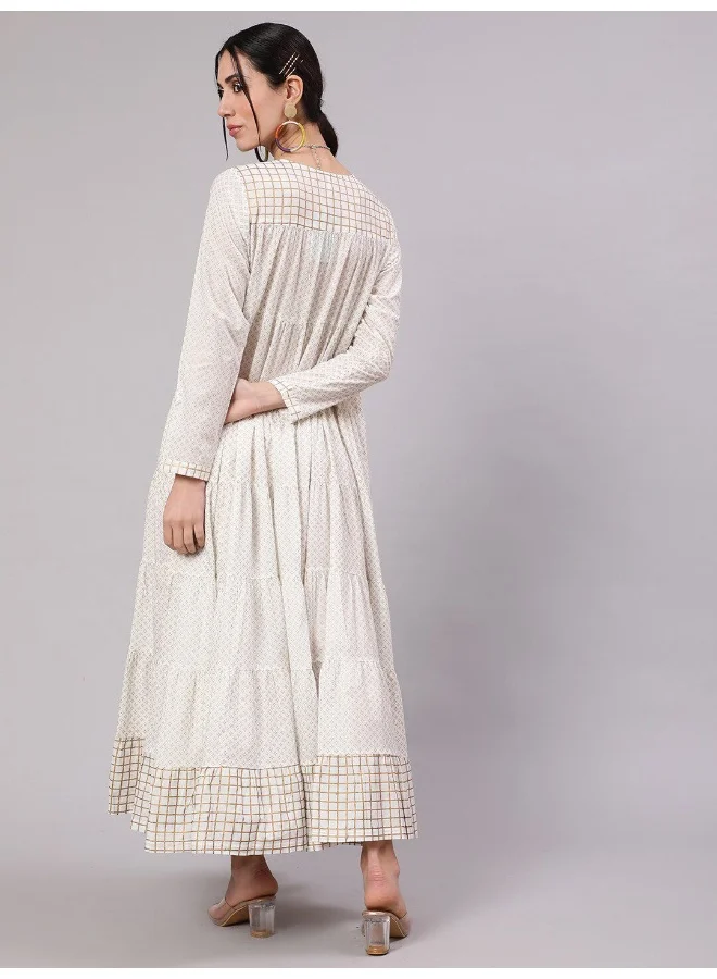 AKS White Gold Print Tiered Maxi Dress