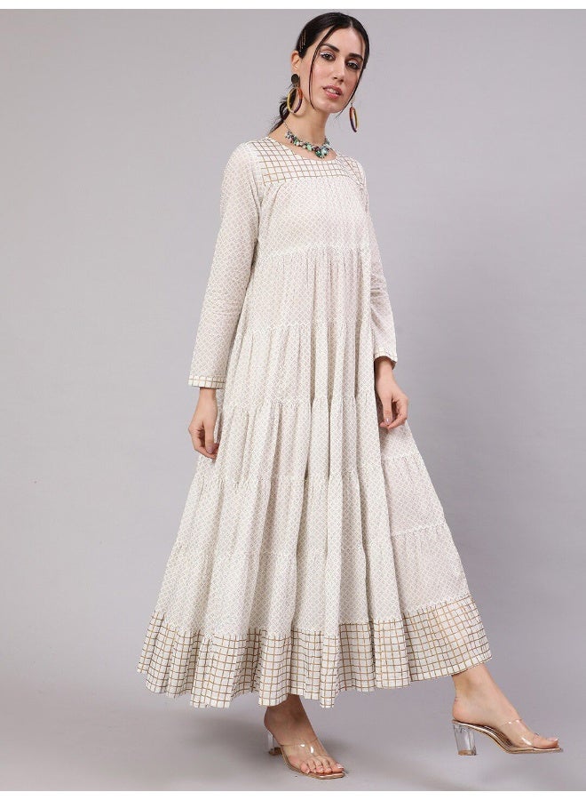 AKS White Gold Print Tiered Maxi Dress - Image 3
