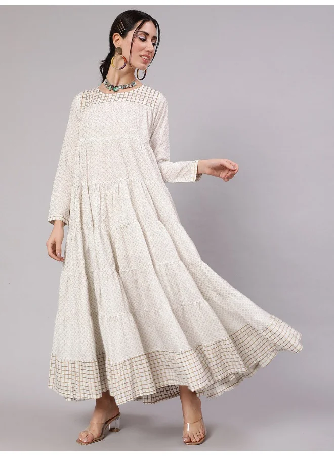 AKS White Gold Print Tiered Maxi Dress