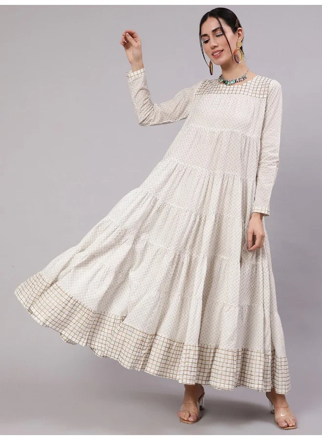 AKS White Gold Print Tiered Maxi Dress