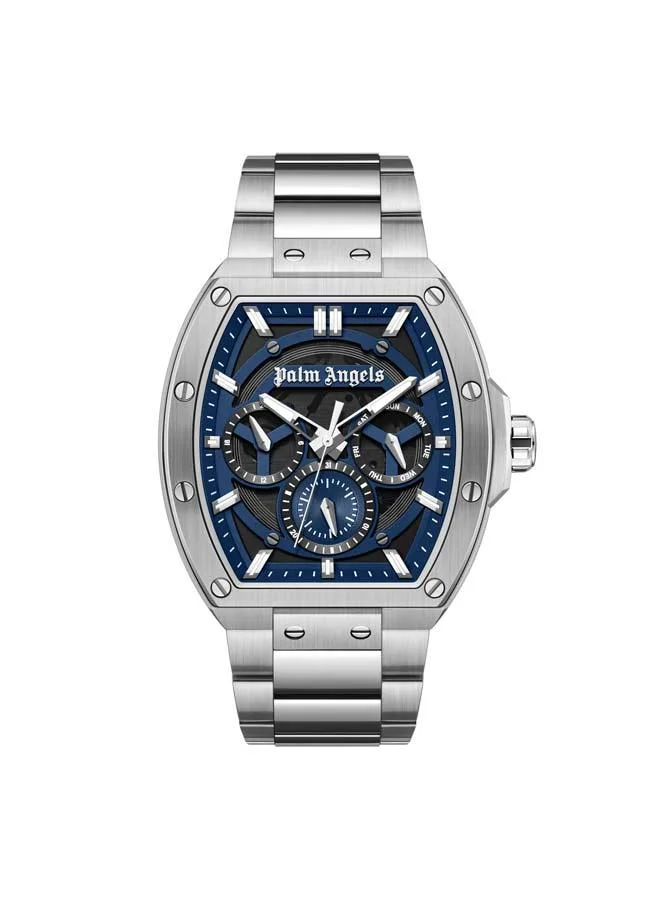 Palm Angels Vortex Black-Blue Dial Silver Stainless Steel Bracelet Multifunction Watch for Men, 42mm