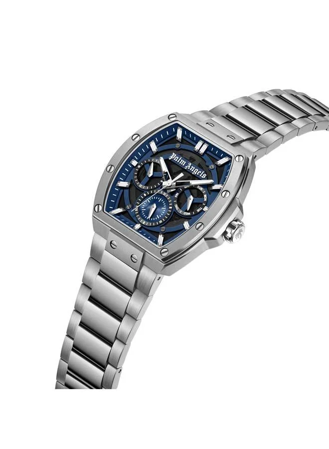 Palm Angels Vortex Black-Blue Dial Silver Stainless Steel Bracelet Multifunction Watch for Men, 42mm