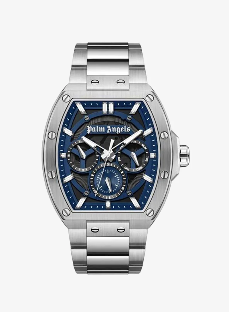 Palm Angels Vortex Black-Blue Dial Silver Stainless Steel Bracelet Multifunction Watch for Men, 42mm