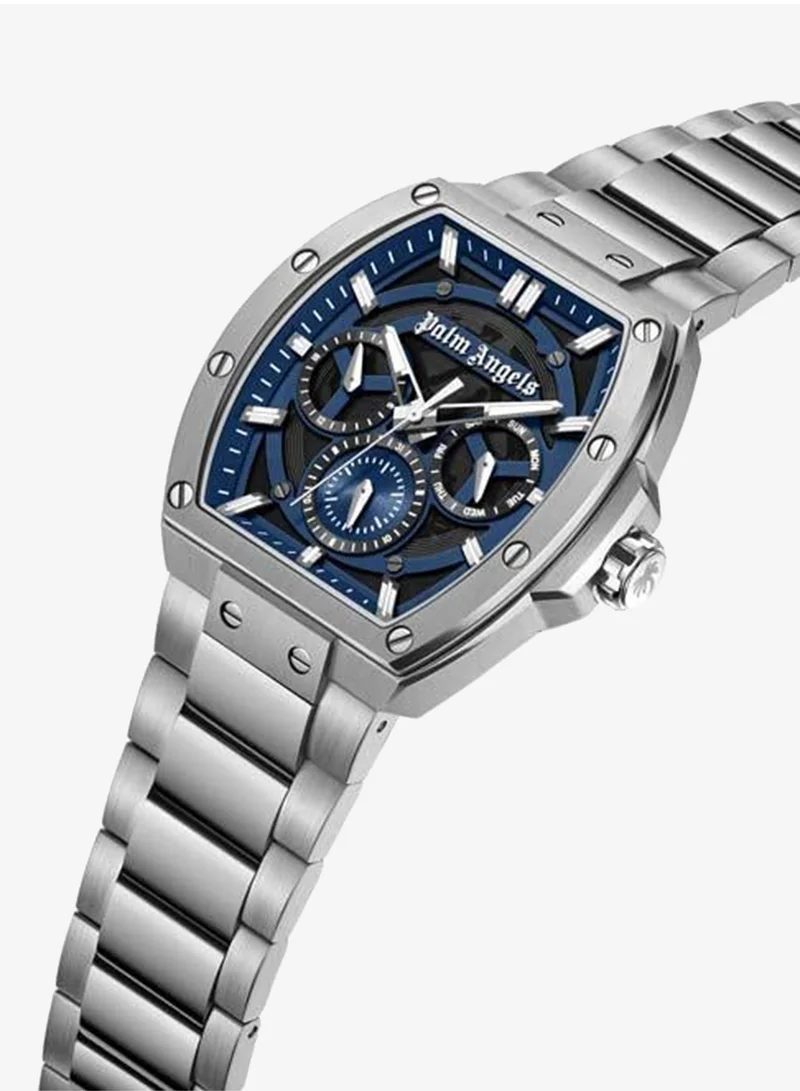 Palm Angels Vortex Black-Blue Dial Silver Stainless Steel Bracelet Multifunction Watch for Men, 42mm