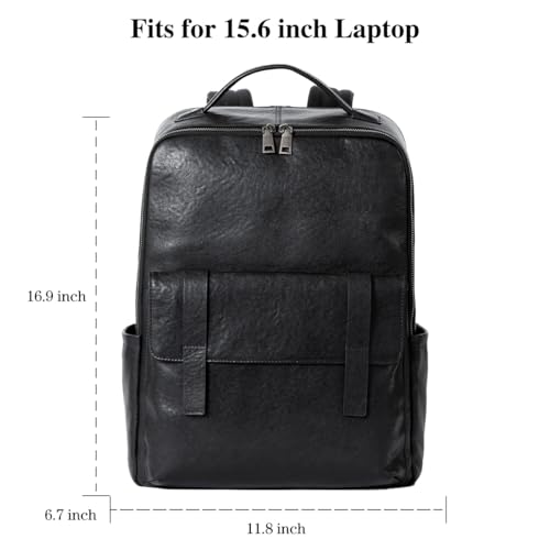 Womleys 15.6 Inch Genuine Leather Laptop Backpack for Men Women, Business Travel Backpack Hiking Daypack Rucksack (7#Black) - Image 2