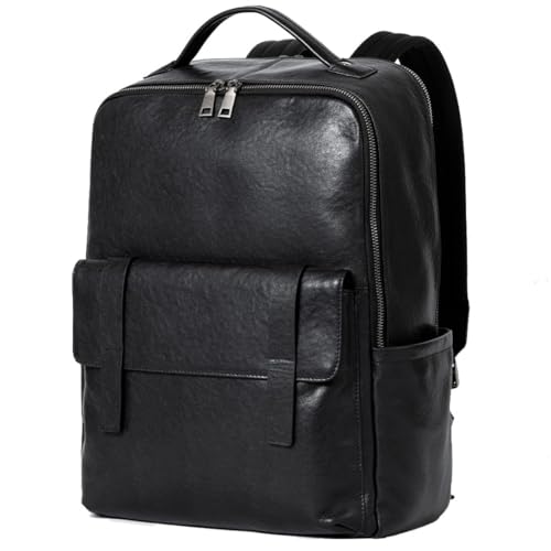 Womleys 15.6 Inch Genuine Leather Laptop Backpack for Men Women, Business Travel Backpack Hiking Daypack Rucksack (7#Black) - Image 1