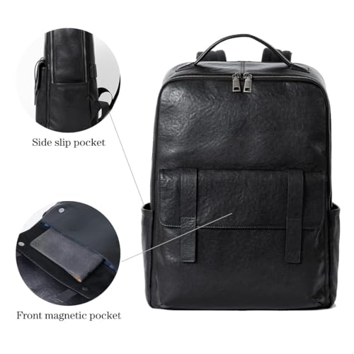 Womleys 15.6 Inch Genuine Leather Laptop Backpack for Men Women, Business Travel Backpack Hiking Daypack Rucksack (7#Black) - Image 3