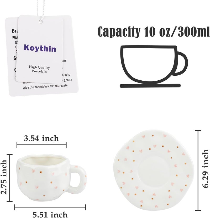 Koythin Ceramic Coffee Mug with Saucer Set, Cute Red Heart Dots Cup Unique for Office and Home, 10 oz/300 ml for Latte Tea Milk - Image 2