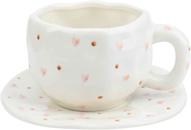 Koythin Ceramic Coffee Mug with Saucer Set, Cute Red Heart Dots Cup Unique for Office and Home, 10 oz/300 ml for Latte Tea Milk - Image 1