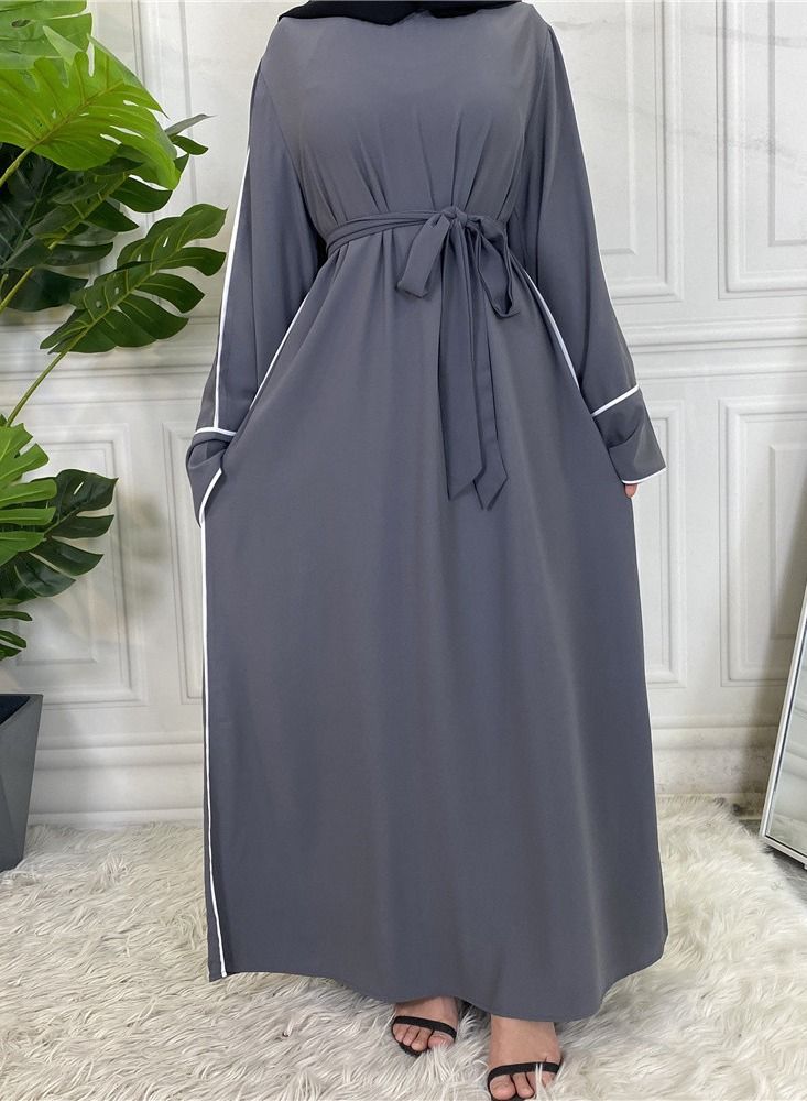 Loquat Women's Solid White Edge Large Lace Up Dress Abaya Grey  - Image 2