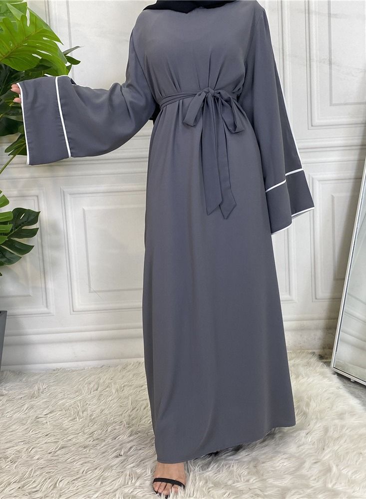 Loquat Women's Solid White Edge Large Lace Up Dress Abaya Grey  - Image 1