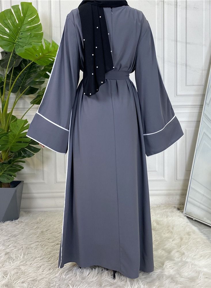 Loquat Women's Solid White Edge Large Lace Up Dress Abaya Grey  - Image 3