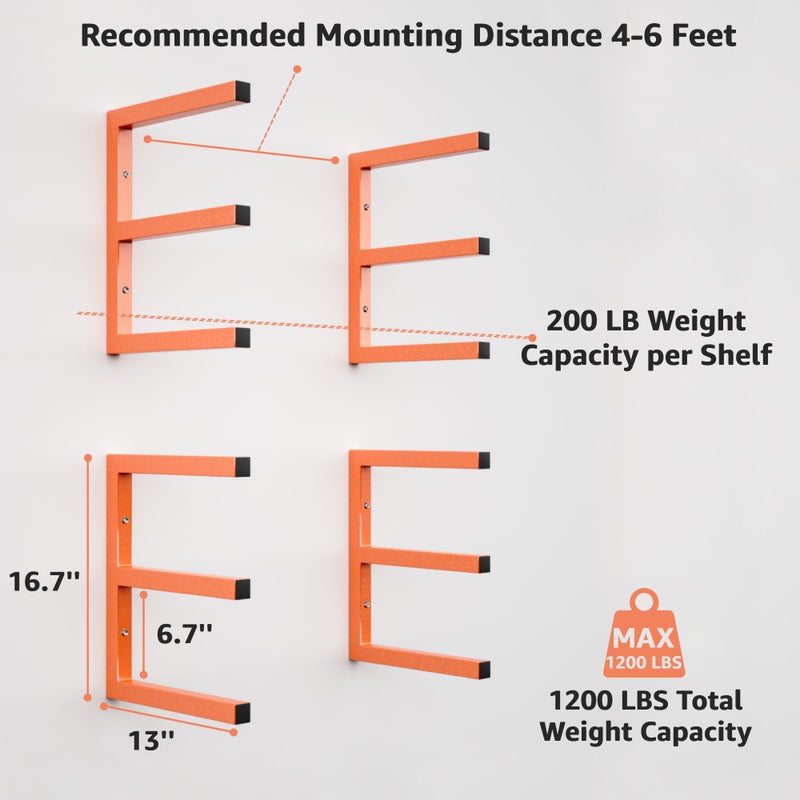 YYR Wood Organizer and Lumber Storage Rack Wall Mount, Heavy Duty Metal Shelf with 6-Level Holds Up 1200 LBS, Indoor & Outdoor Use - Orange - Image 2