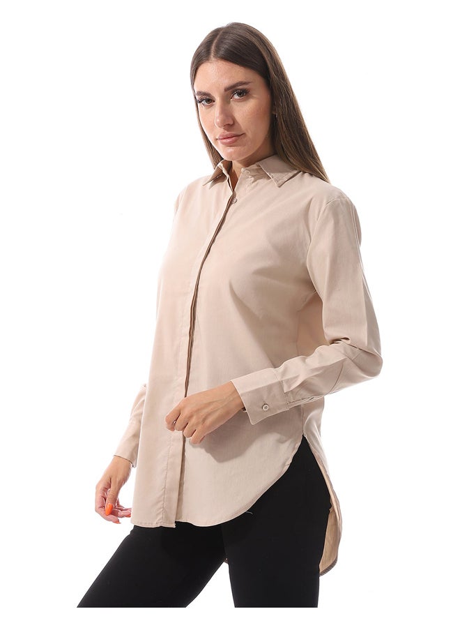 Andora Full Sleeves Plain Buttoned Shirt _ Beige - Image 3