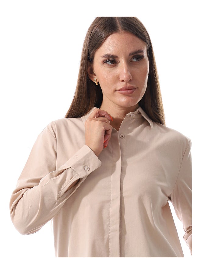 Andora Full Sleeves Plain Buttoned Shirt _ Beige - Image 5
