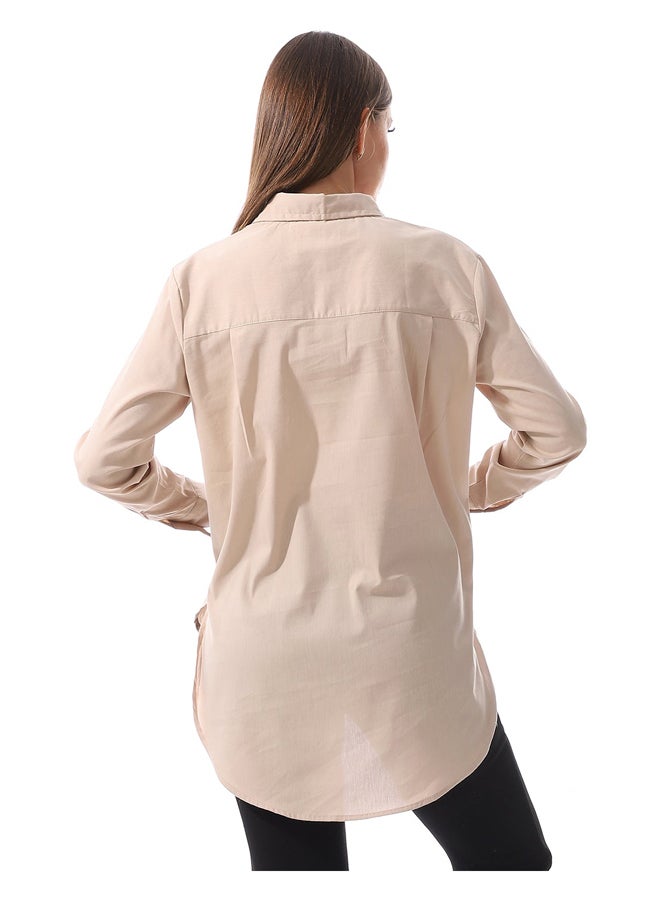 Andora Full Sleeves Plain Buttoned Shirt _ Beige - Image 4