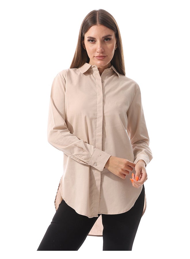 Andora Full Sleeves Plain Buttoned Shirt _ Beige - Image 2