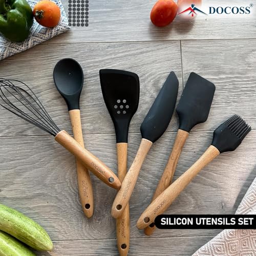 DOCOSS Pack of 6 Wooden Spatula for Non Stick Pan/Silicone Spatula Set for Kitchen/Spatula for Cake/Silicone Spatula for Cooking Spoon Set,Baking Accessories(Black) - Image 4