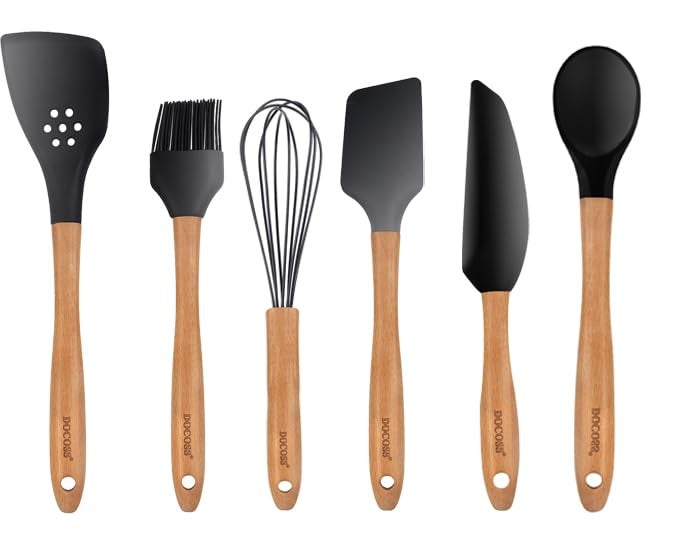 DOCOSS Pack of 6 Wooden Spatula for Non Stick Pan/Silicone Spatula Set for Kitchen/Spatula for Cake/Silicone Spatula for Cooking Spoon Set,Baking Accessories(Black) - Image 1