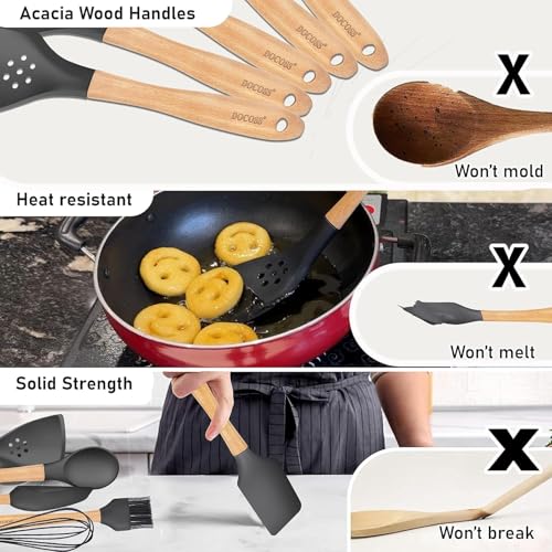 DOCOSS Pack of 6 Wooden Spatula for Non Stick Pan/Silicone Spatula Set for Kitchen/Spatula for Cake/Silicone Spatula for Cooking Spoon Set,Baking Accessories(Black) - Image 2