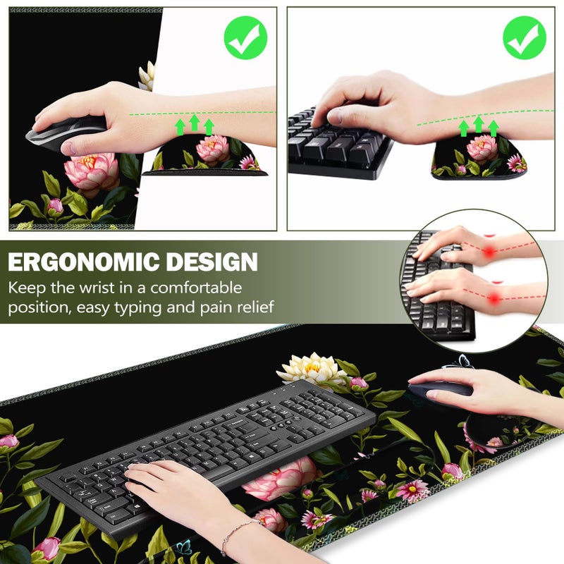 ARTSO Gaming Mouse Pad Wrist Support Set, XXL Large Desk Mat Mousepad + Keyboard Wrist Support+ Mouse Wrist Rest+Coaster 4in1 Ergonomic, Stitched Edge for Home Office -Flowers and Butterflies - Image 4