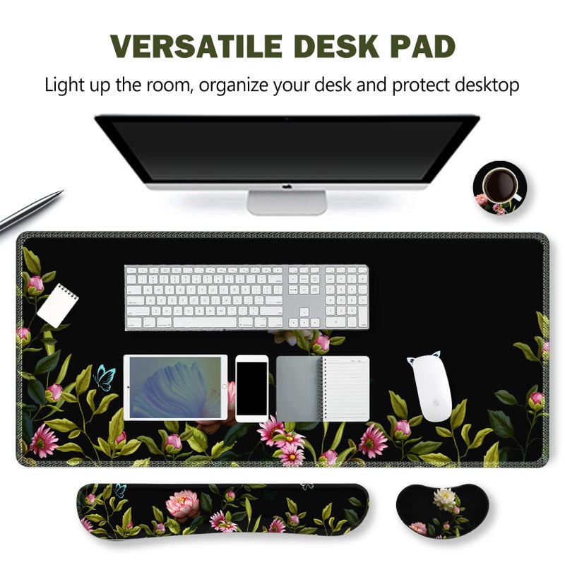 ARTSO Gaming Mouse Pad Wrist Support Set, XXL Large Desk Mat Mousepad + Keyboard Wrist Support+ Mouse Wrist Rest+Coaster 4in1 Ergonomic, Stitched Edge for Home Office -Flowers and Butterflies - Image 2