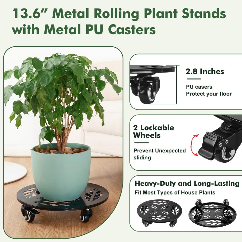Planterhoma 2 Packs 12 Inch Rolling Plant Stand with Wheels Metal Plant Caddy with Wheels Heavy Duty Plant Rollers with Metal Wheels Round Wrought Iron Plant Stand with Clear Saucers, Glossy Black - Image 2