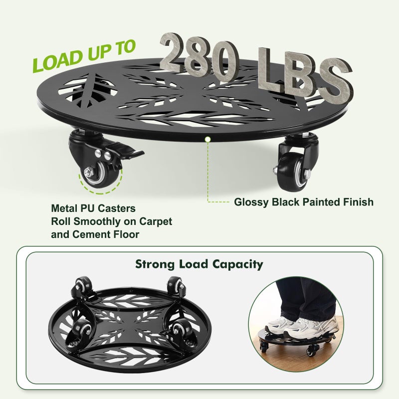 Planterhoma 2 Packs 12 Inch Rolling Plant Stand with Wheels Metal Plant Caddy with Wheels Heavy Duty Plant Rollers with Metal Wheels Round Wrought Iron Plant Stand with Clear Saucers, Glossy Black - Image 3