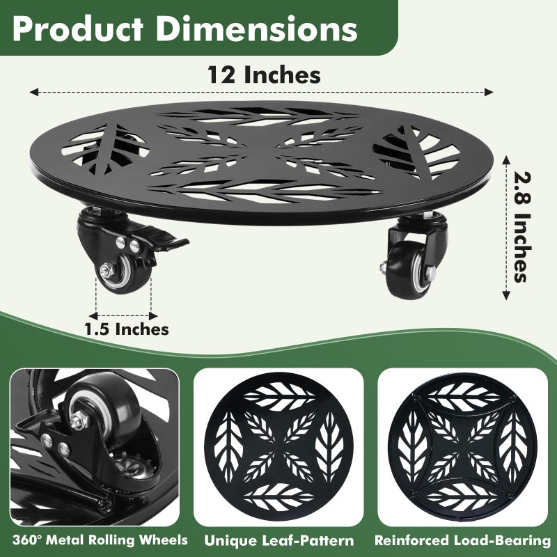 Planterhoma 2 Packs 12 Inch Rolling Plant Stand with Wheels Metal Plant Caddy with Wheels Heavy Duty Plant Rollers with Metal Wheels Round Wrought Iron Plant Stand with Clear Saucers, Glossy Black - Image 4
