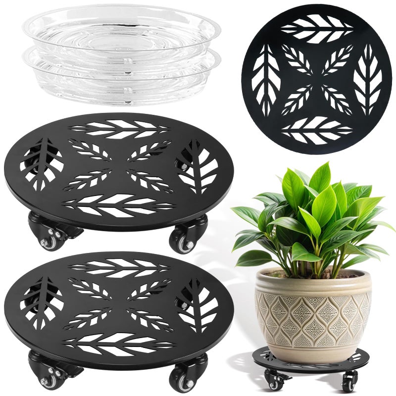 Planterhoma 2 Packs 12 Inch Rolling Plant Stand with Wheels Metal Plant Caddy with Wheels Heavy Duty Plant Rollers with Metal Wheels Round Wrought Iron Plant Stand with Clear Saucers, Glossy Black - Image 1