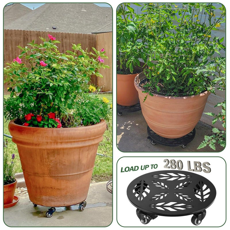 Planterhoma 2 Packs 12 Inch Rolling Plant Stand with Wheels Metal Plant Caddy with Wheels Heavy Duty Plant Rollers with Metal Wheels Round Wrought Iron Plant Stand with Clear Saucers, Glossy Black - Image 5