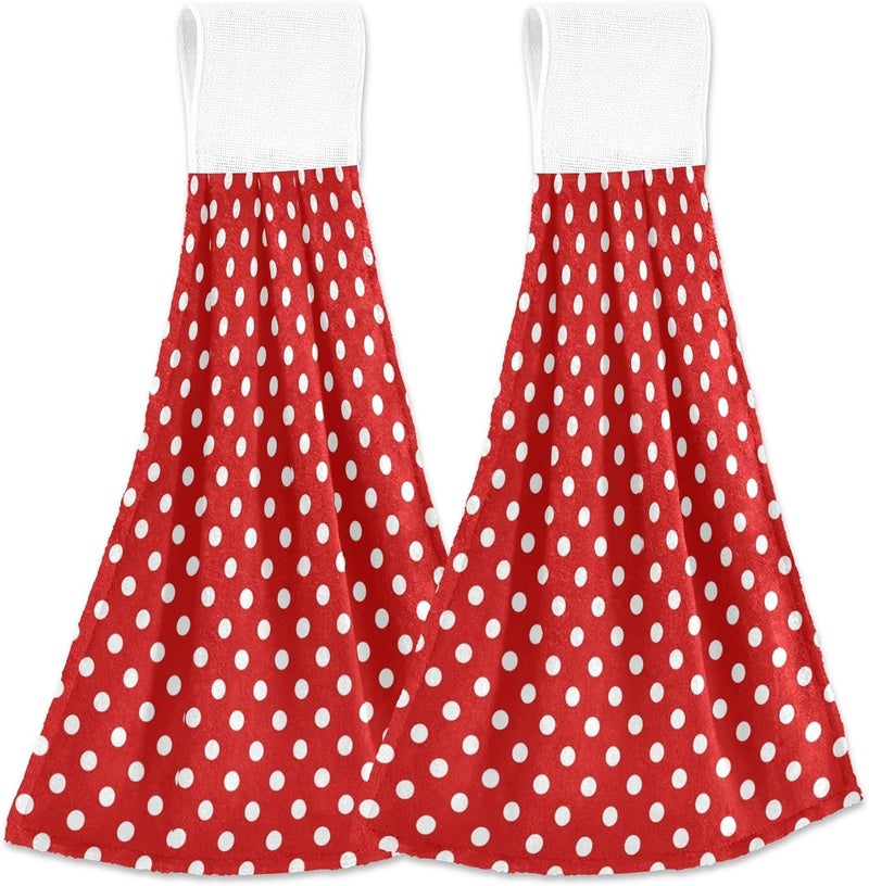 Dussdil Red White Polka Dot Kitchen Hanging Towel 12 x 17 in, Bath Hand Fingertip Tie Towels Set 2 Pcs Tea Bar Dish Cloths Dry Towel Soft Absorbent Durable for Bathroom Laundry Room Decor - Image 1