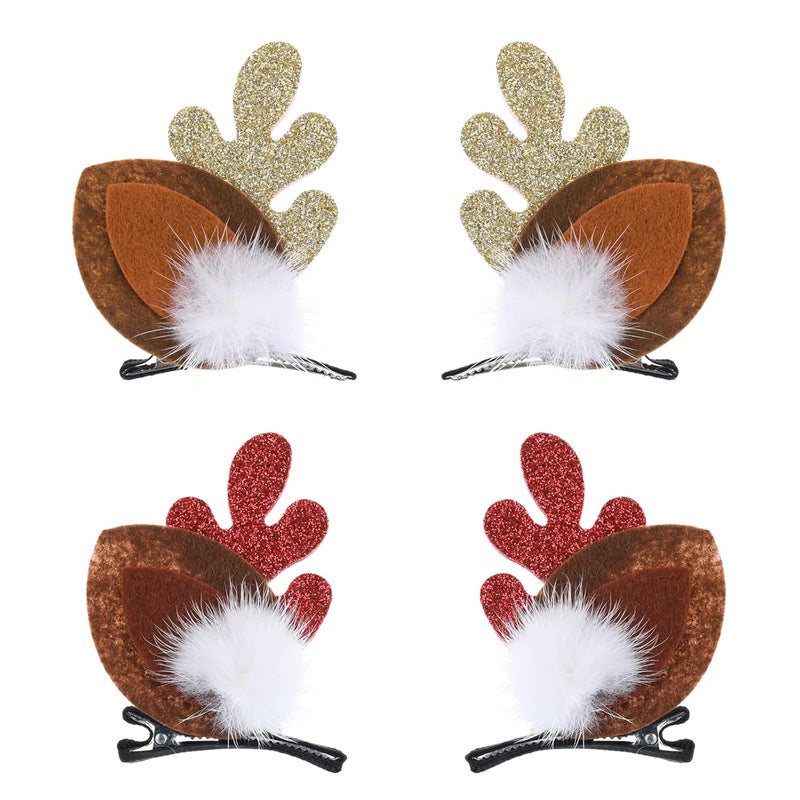 WLLHYF 4PCS Christmas Hair Clip Cute Xmas Reindeer Antler Hairpin Girl Women Hair Clips Xmas Hair Barrettes with Pom Balls Deer Ear Hair Accessories Festive Party Cosplay Gifts
